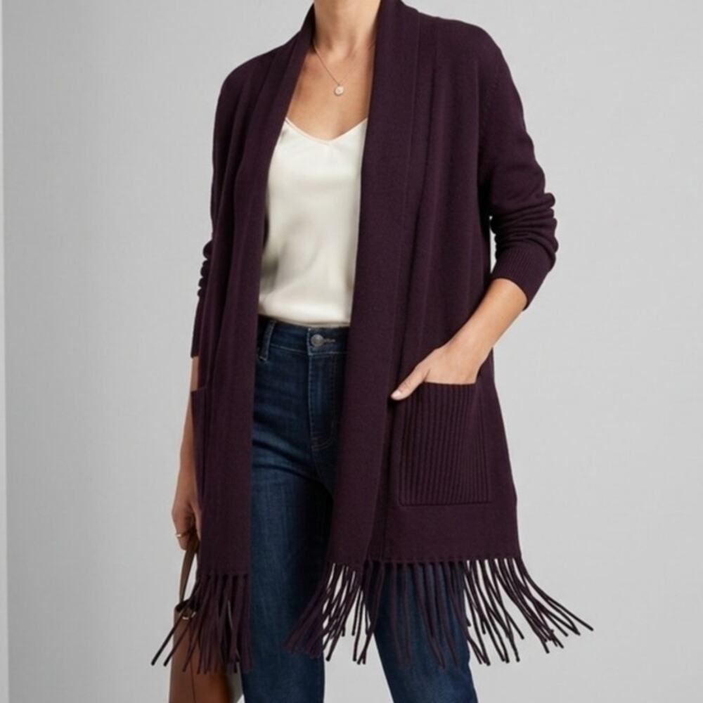 NWT Magaschoni Fringe Trim Shawl Collar Cardigan Sweater Plum Brown Large